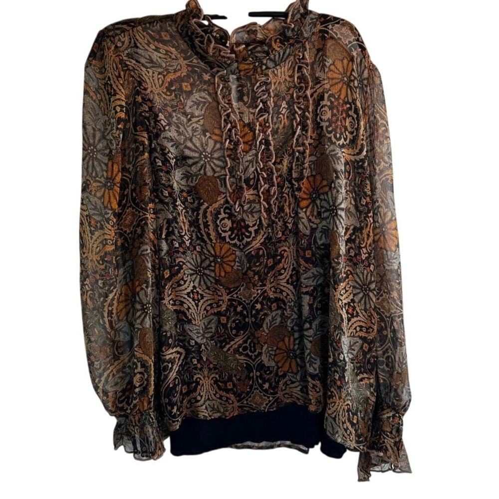 Gretty Zueger Floral Silk Blouse Set XL – Ruffle Neck Sheer Top + Liner